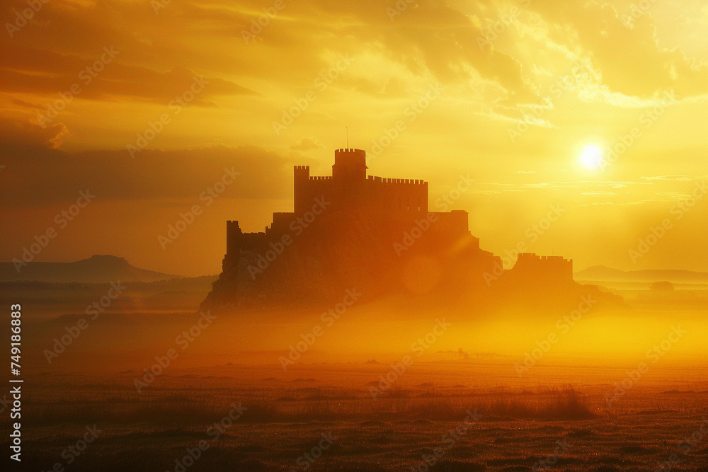 Bathed in the golden light of dawn, a fortress stands alone, its solitude as vast as the land around it