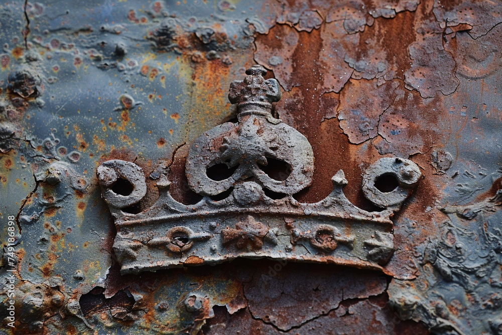 Beneath layers of rust, the outline of a crown emerges, a hidden jewel of history awaiting rediscovery Beneath layers of rust, the outline of a crown emerges, a hidden jewel of history awaiting rediscovery