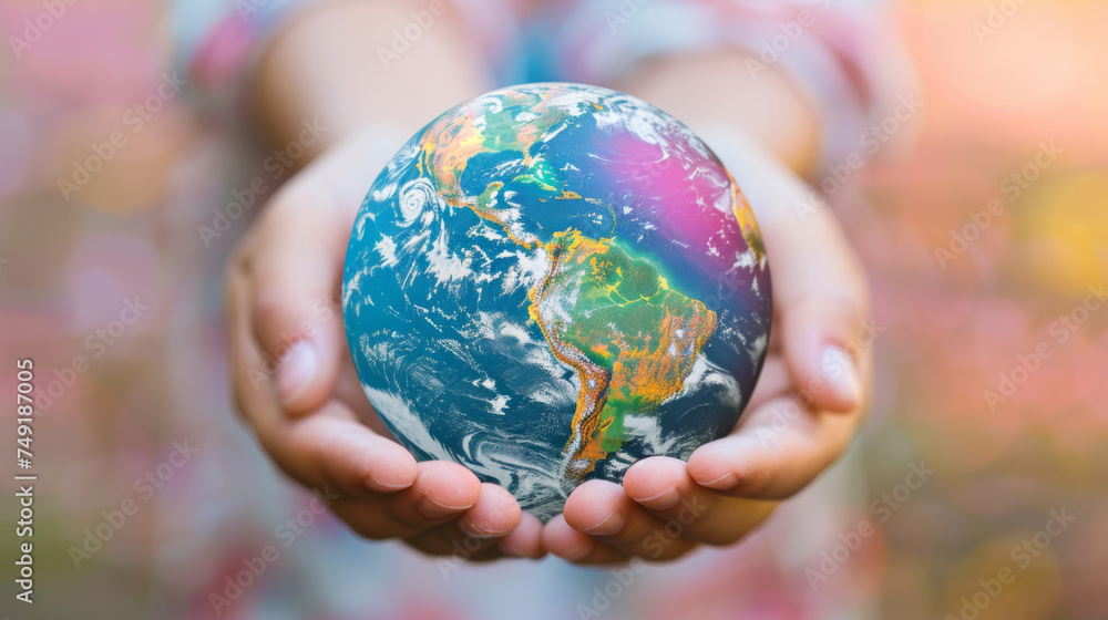 pair of hands gently cradling a colorful globe against a soft-focus, pastel background