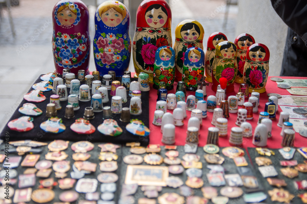 Fototapeta premium Street photo Tin bronze copper dishes teapot plate Concept of reuse ecology shopping antiques