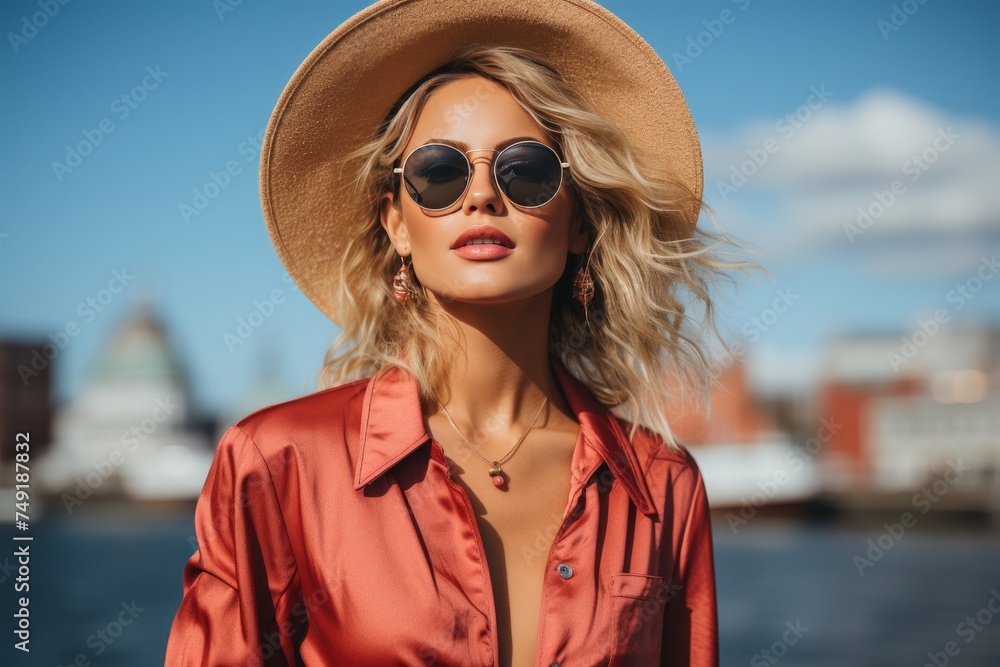 A woman in a hat and sunglasses stands on the shore, while a plane flies in the sky and a yacht sails in the seaInclude various elements related to tourism. A woman in a hat and sunglasses stands on the shore, while a plane flies in the sky and a yacht sails in the seaInclude various elements related to tourism.