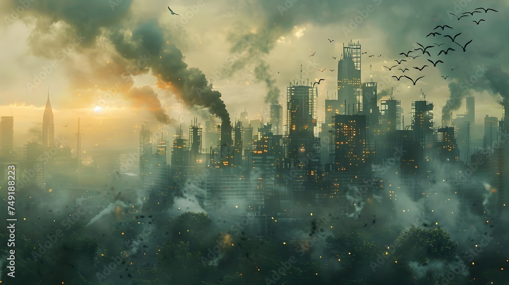 City Surrounded by Smoke and Birds in Greenish Hues