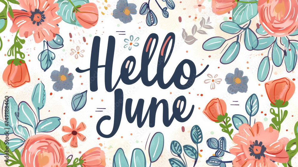 June month illustration background with pastel colors drawing with written Hello June to celebrate start of the month - obrazy, fototapety, plakaty 