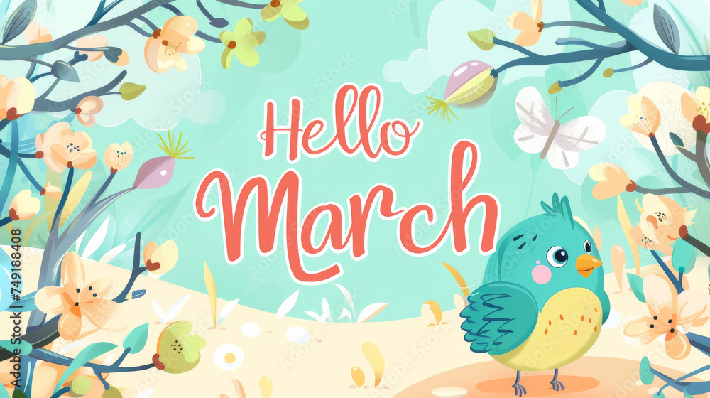 March month illustration background with pastel colors drawing with written Hello March to celebrate start of the month
