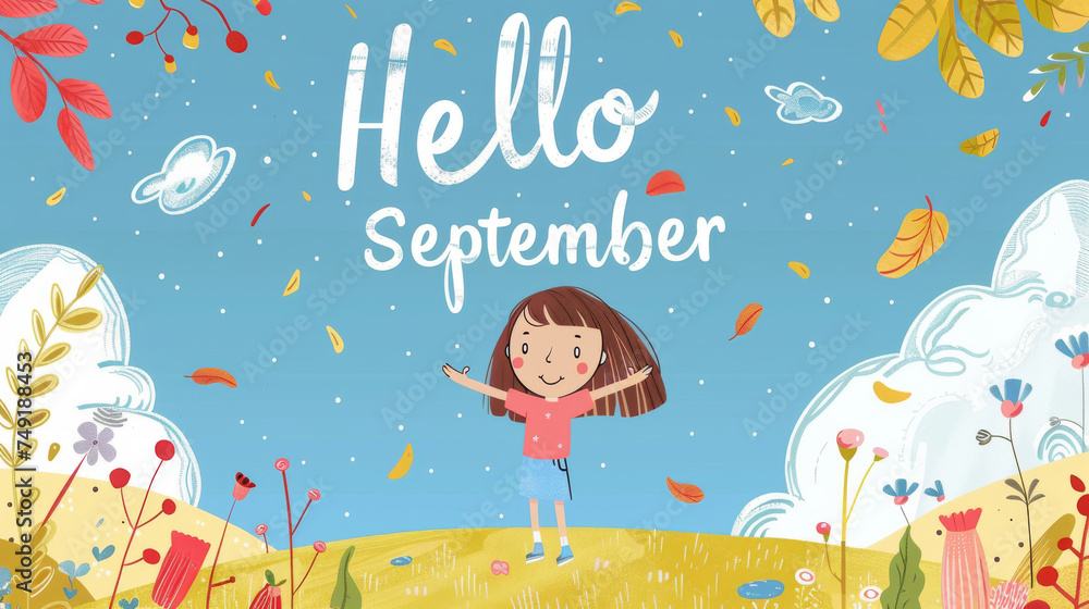 September month illustration background with pastel colors drawing with written Hello September to celebrate start of the month