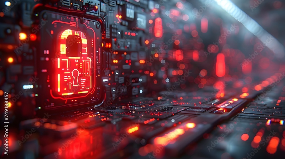 Red Circuit Board with Sci-Fi Padlock in Tehno Security Environment