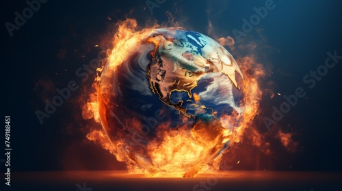 Concept of global catastrophe. Planet Earth is burning. Smoky dark background.