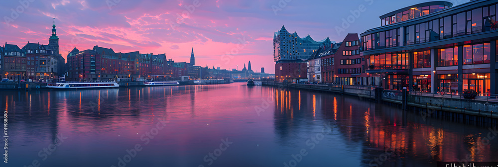The Concert Hall Elbphilharmonie,
Scenic summer night panorama of the Old Town  architecture pier in Stockholm, Sweden