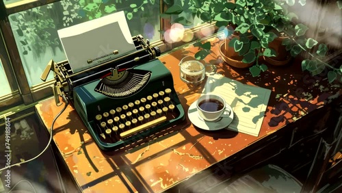 Cozy Nook: Typewriter, Hot Coffee, and a Window View Creating a Perfect Writing Space. Cozy Atmosphere Seamless looping 4k time-lapse virtual fantasy animation background