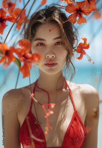 Natural exotic beauty woman in red swimsuit looking serene on tropical beach. 