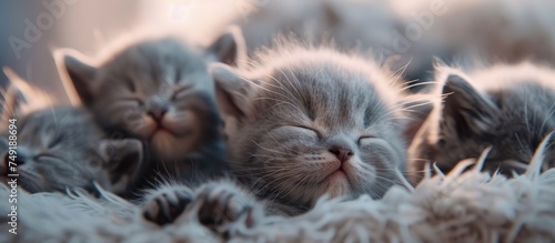 A cluster of cute little gray newborn kittens are peacefully sleeping together in a cozy, warm pile. The tiny felines are cuddled up closely, their eyes closed in deep slumber.