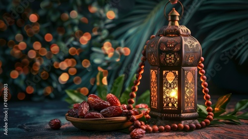 Low light photo of Lantern  Dates fruit and rosary beads for Ramadan and Eid greeting. copy space - generative ai