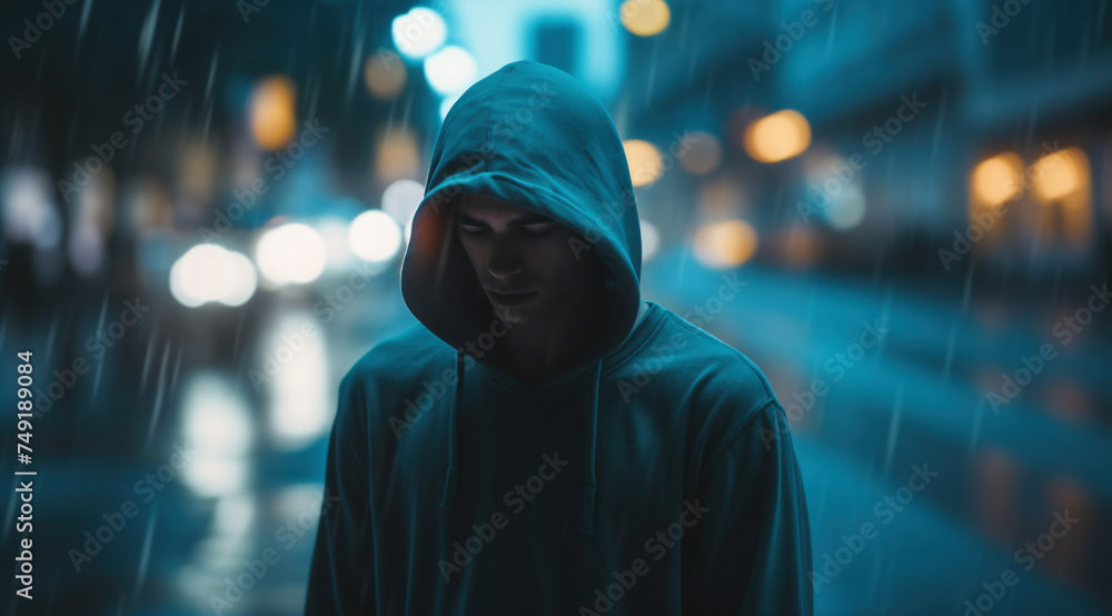 Unidentified man in a dark hoodie on a dark blurry city street Unidentified man in a dark hoodie on a dark blurry city street