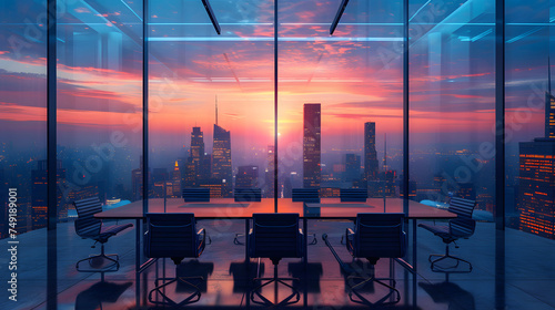A conference table with chairs around it, in front of a wall of windows. The sun is setting behind the city skyline visible through the windows. © wing