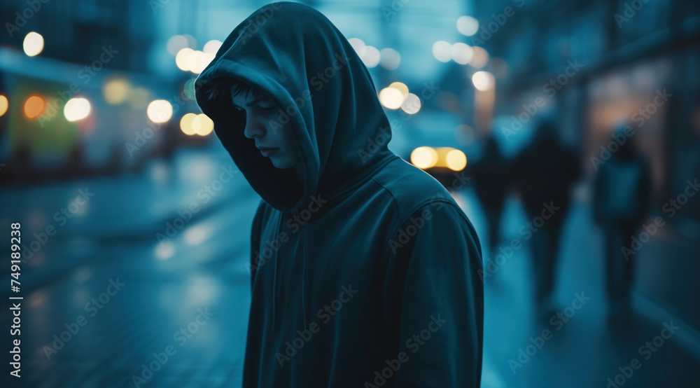Unidentified man in a dark hoodie on a dark blurry city street Unidentified man in a dark hoodie on a dark blurry city street