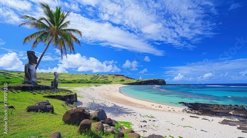 Anakena Beach is Easter Island and probably the largest in Chile. With palm tree.Ai generated photo