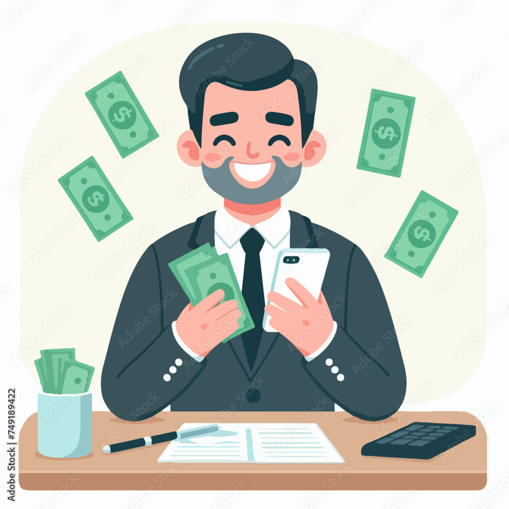 Illustration of the flat design of the money transfer concept. Happy business man transferring money with smartphone Illustration of the flat design of the money transfer concept. Happy business man transferring money with smartphone