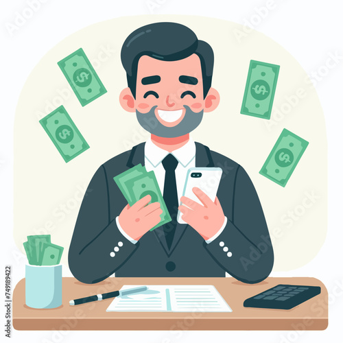 Illustration of the flat design of the money transfer concept. Happy business man transferring money with smartphone