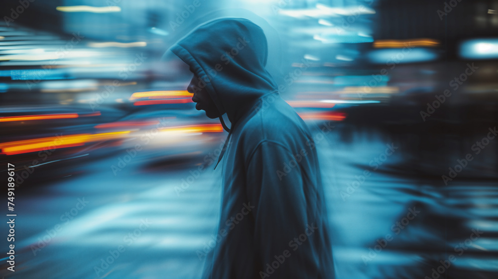 Unidentified man in a dark hoodie on a dark blurry city street Unidentified man in a dark hoodie on a dark blurry city street