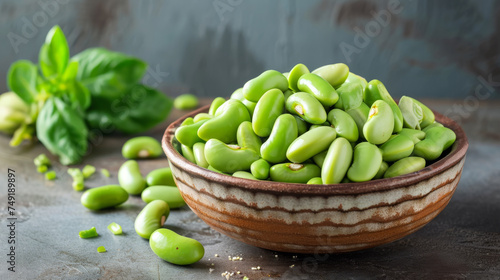A bowl brimming with fresh green beans is elegantly placed on a rustic wooden table, showcasing the vibrant green hues of the beans against the warm tones of the table.