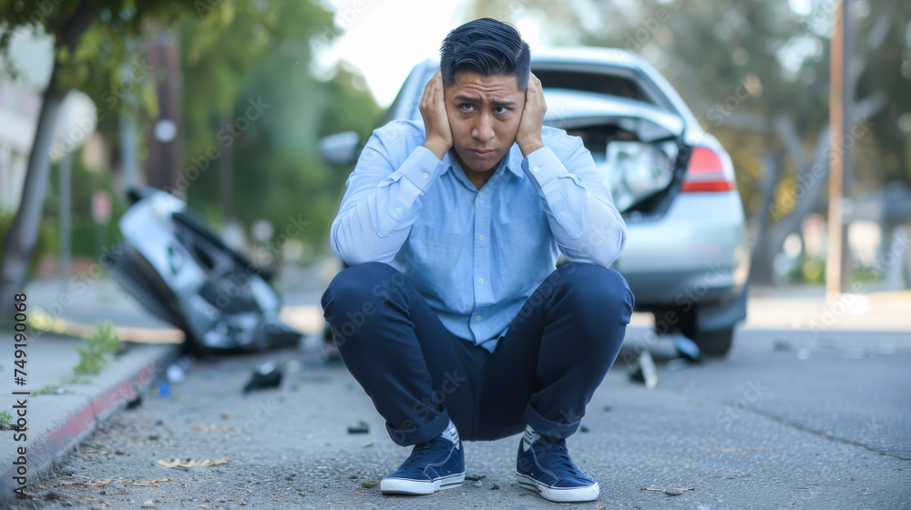 distressed man sitting on the road with his hands on his head in front of a crashed car, suggesting he has just experienced a vehicle accident. distressed man sitting on the road with his hands on his head in front of a crashed car, suggesting he has just experienced a vehicle accident.