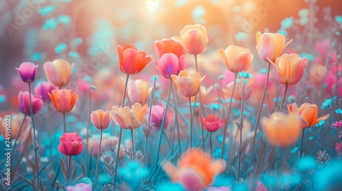 Colorful tulips spring blossoming, bokeh flower background