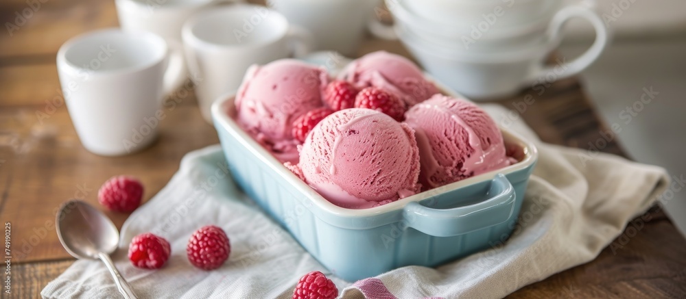A bowl of creamy berry ice cream topped with fresh raspberries sits on a rustic table, next to white cups and a vintage linen napkin. The dessert is served in a blue cake mold, creating a visually
