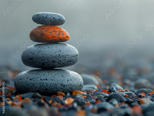Zen Stone Stack on a Pebble Beach with Misty Backdrop