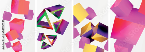 Flying 3d shapes, cubes and other geometric elements background design for wallpaper, business card, cover, poster, banner, brochure, header, website