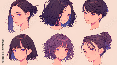set of cute anime girl hairstyles photo