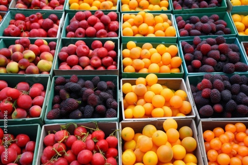 Various type of fresh fruits arrange neatly grocery store. Apple  Orange  Pomegranate  Lemon on rack.