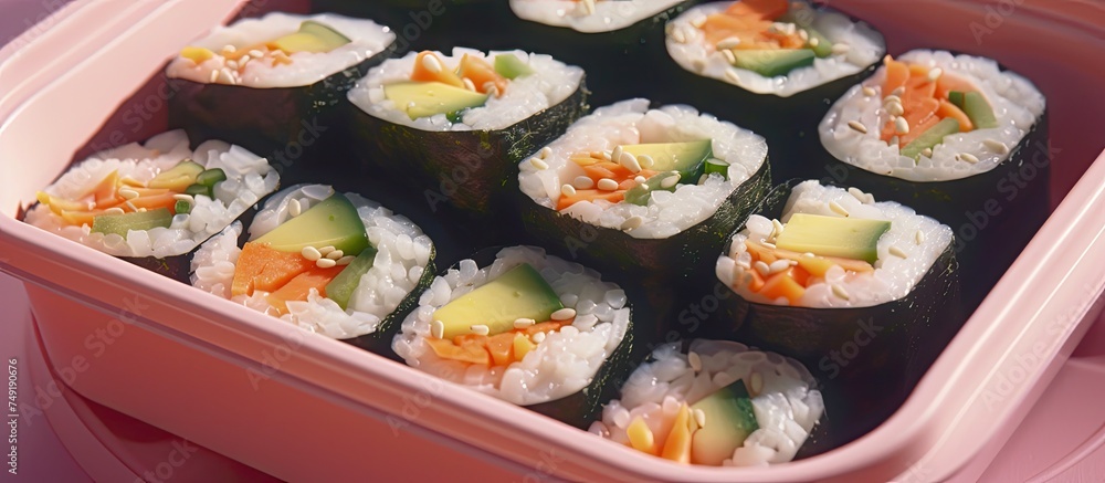 A pink container holds a variety of delicious sushi rolls, neatly arranged on a table. The homemade Korean Gimbap sushi is colorful and tempting, ready to be enjoyed. A pink container holds a variety of delicious sushi rolls, neatly arranged on a table. The homemade Korean Gimbap sushi is colorful and tempting, ready to be enjoyed.