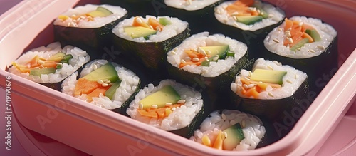 A pink container holds a variety of delicious sushi rolls, neatly arranged on a table. The homemade Korean Gimbap sushi is colorful and tempting, ready to be enjoyed.