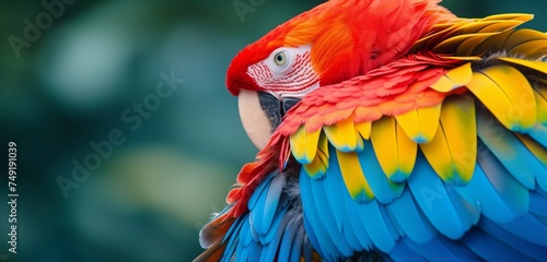Colorful Scarlet macaw bird's feathers with red yellow orange and blue shades, nature background