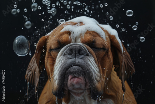 A dog is shown taking a bath with foam, surrounded by soap bubbles floating in the air. The dog's expression may range from curiosity to discomfort, reflecting its experience with the bathing process.