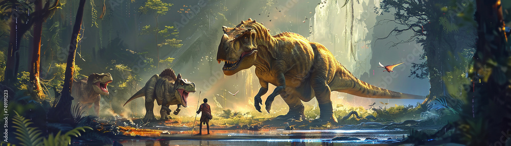 Obraz premium A Jurassic IT startup with dinosaurs developing innovative tech solutions