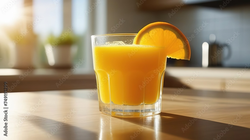 Freshly squeezed orange juice in a glass on the kitchen table, soft drink with vitamin C, vegetarianism, orange juice for breakfast, healthy lifestyle, Freshly squeezed orange juice in a glass on the kitchen table, soft drink with vitamin C, vegetarianism, orange juice for breakfast, healthy lifestyle,