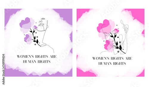 Women's day card template with watercolor blots and flowers. Vector illustration.