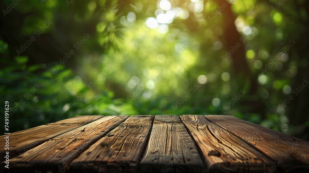 Wood table top on blurred green background - can be used for montage or display your products. Wood table top on blurred green background - can be used for montage or display your products.
