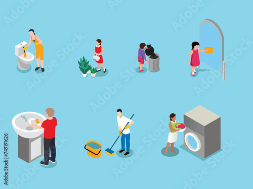 Parents and children cleaning the house set 3d isometric vector illustration