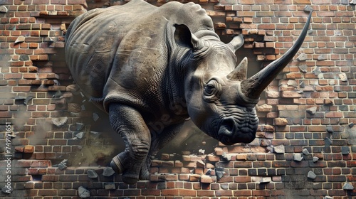 Illustration of a running rhino destroying a wall.Ai generated