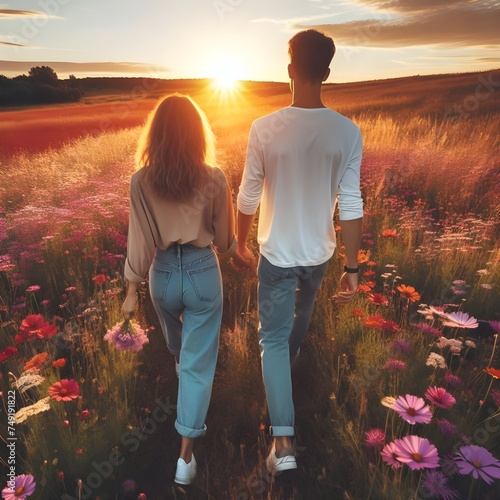 Young couple walking into the sunset in flowery meadow, back view