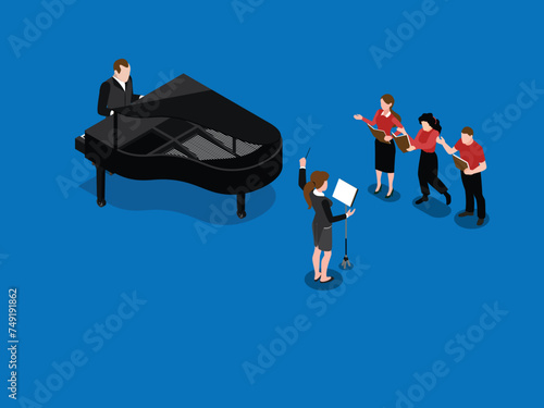 Characters Singing in Chorus with Musical Accompaniment 3d isometric vector illustration