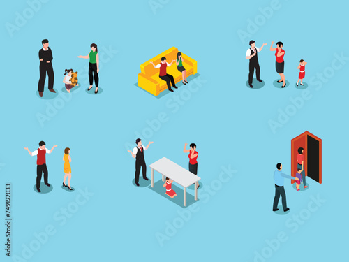 family conflict or relationship problem with unhappy married couples and children 3d isometric vector illustration