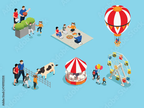 set of family enjoying spring outing 3d isometric vector illustration