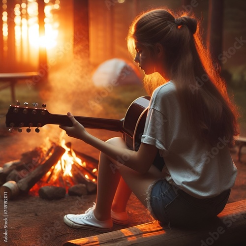 back view of young lady playing the guitar at campsite with campfire at sunset in forest, outdoor concept