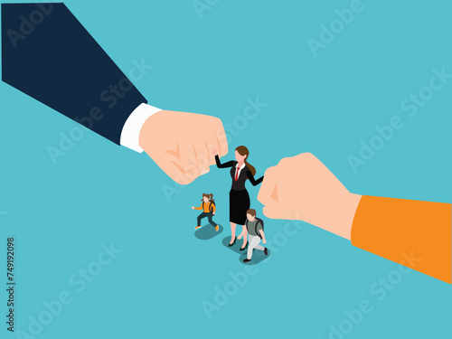little children and a judge caught between divorcing parents who are fighting over custody 3d isometric vector illustration