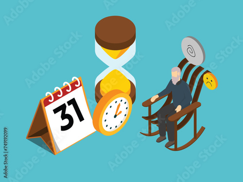 Sad old man sitting on a rocking chair having dementia 3d isometric vector illustration