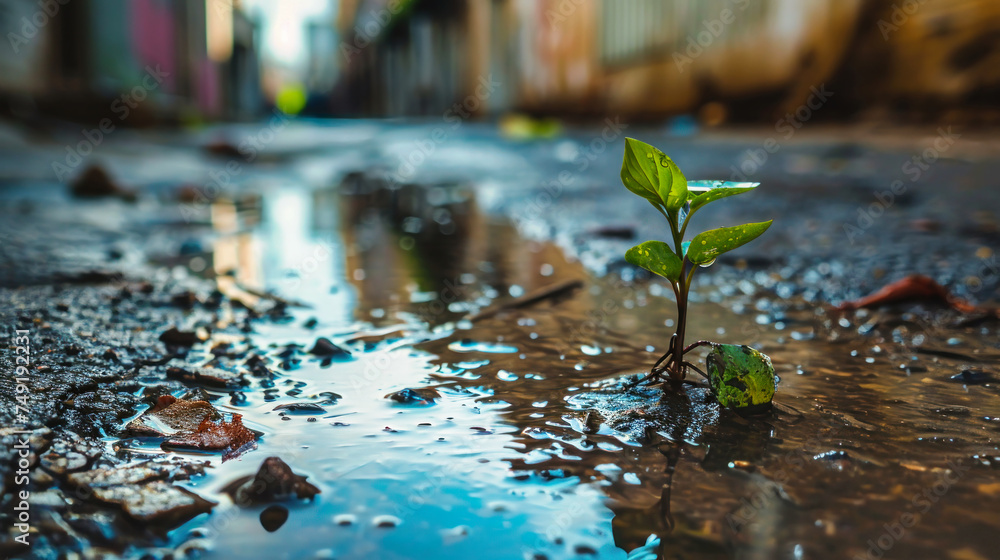 A young plant is growing vigorously out of a puddle of water, showcasing natures resilience in an urban environment. Eco-friendly and sustainable urban development concept A young plant is growing vigorously out of a puddle of water, showcasing natures resilience in an urban environment. Eco-friendly and sustainable urban development concept