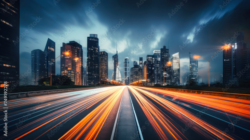 Fototapeta premium Night View of a Cityscape With Tall Buildings